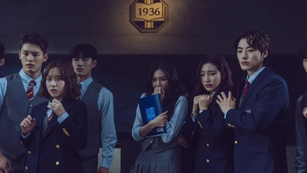  Grupo de estudiantes en uniforme escolar en una escena tensa de la serie "Jerarquía" de Netflix. Los personajes muestran expresiones de preocupación y miedo, reflejando el ambiente de intriga y conflicto de la serie.